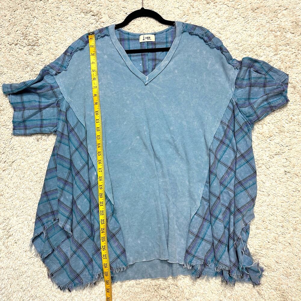 J. Her Plaid Mineral Wash Mixed Media Boho Lagenlook Top Small Oversized V-Neck - Picture 5 of 7